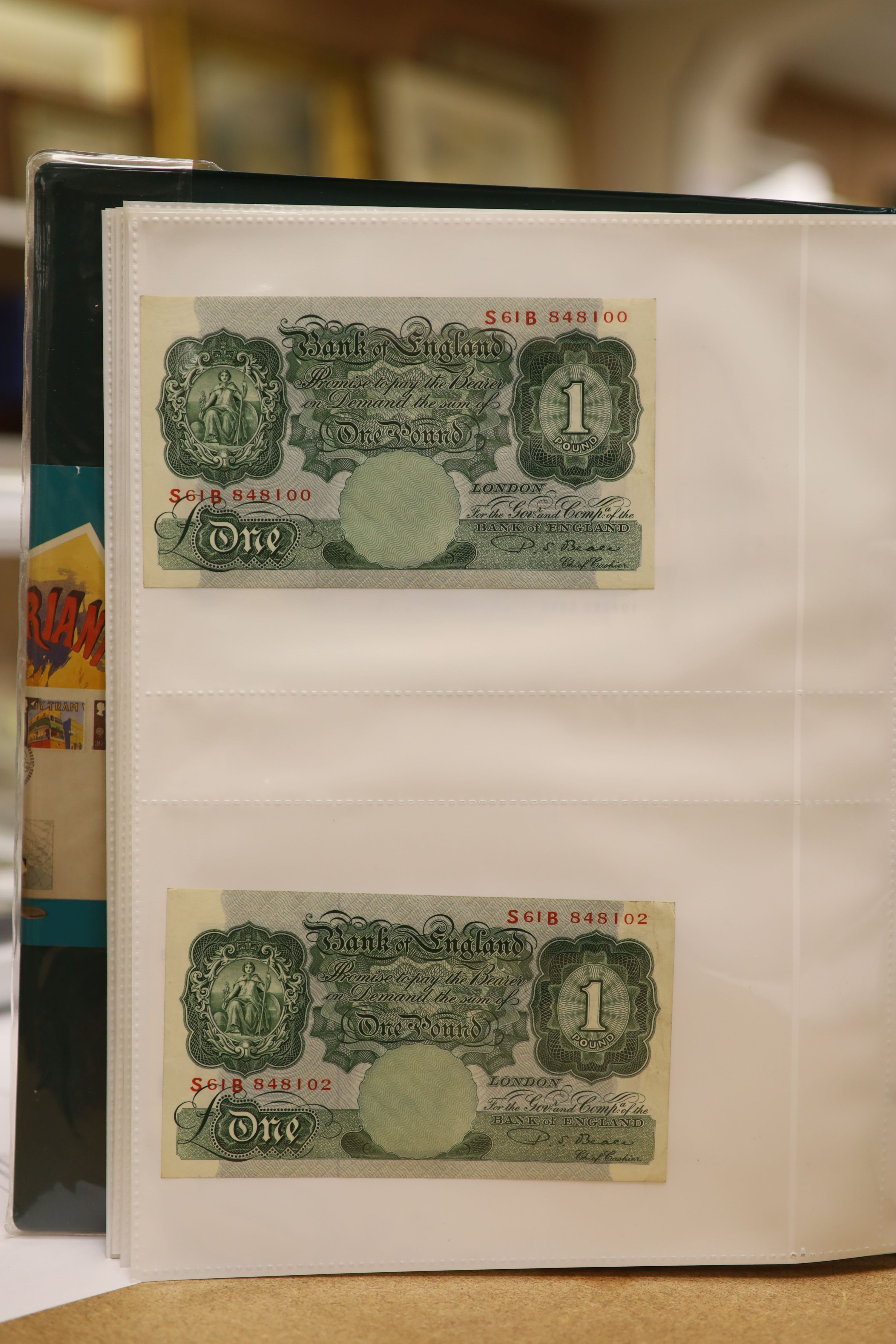 A collection of Bank of England and Scottish banknotes to include: 21 QEII 10 shillings, 14 O'Brien and Beale 10 shillings, 1 Peppiatt 10 shillings, 4 Hallam one pound notes, 18 O'Brien or Beale one pound notes, 8 Peppia